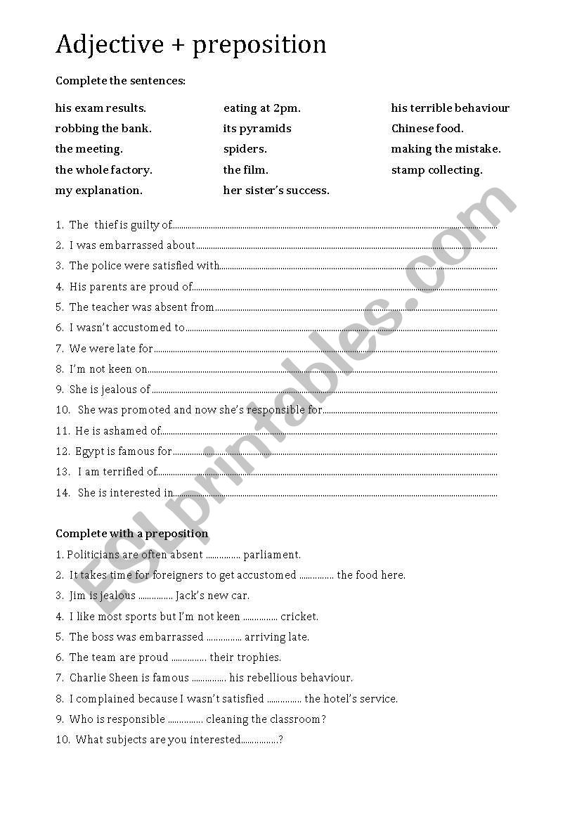 Adjective + preposition worksheet