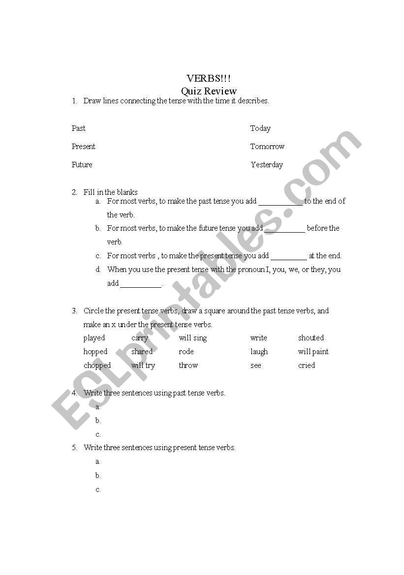 Verbs Review Sheet worksheet