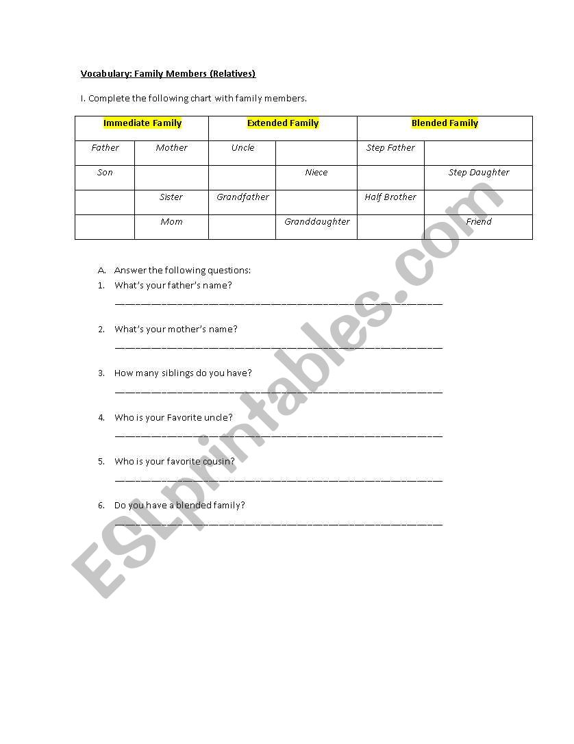 Family Members worksheet