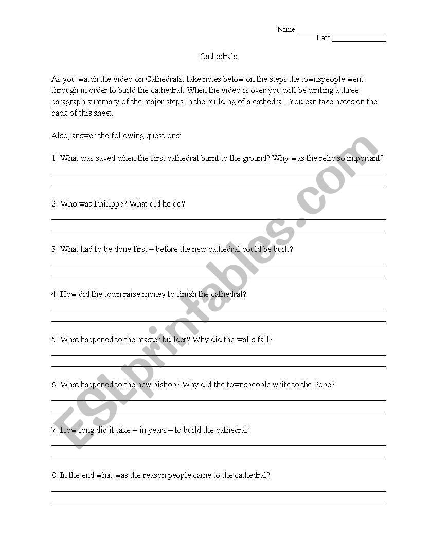 English Worksheets Catherdral Video Guide