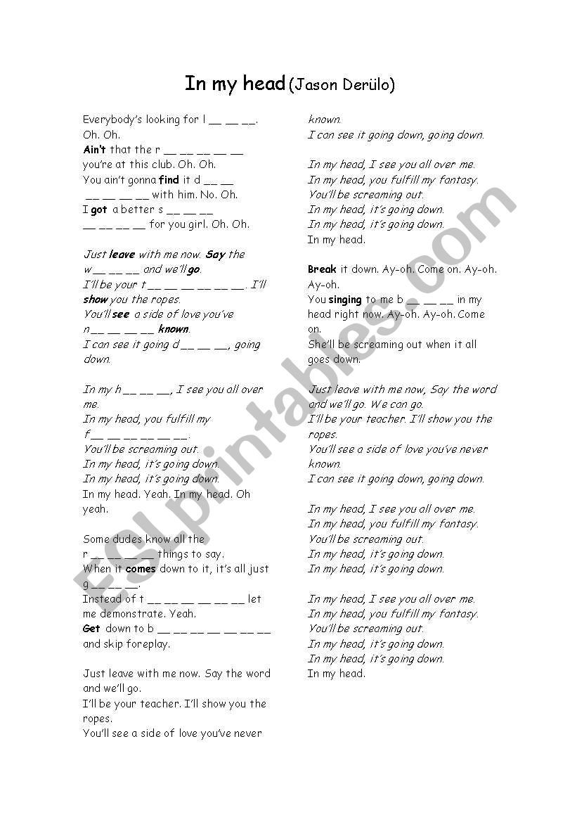 In My Head (Jason Derulo) worksheet