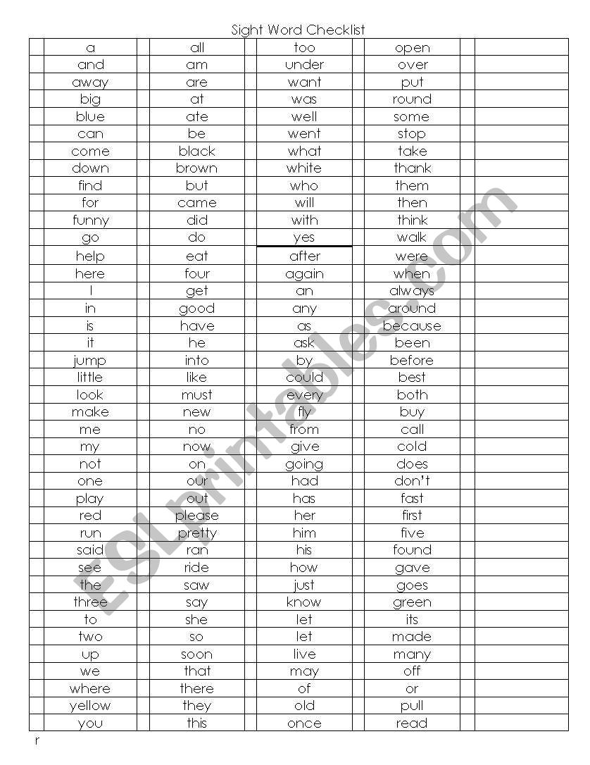 Sight Word Checklist worksheet