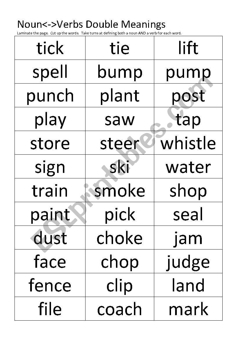 Verb Noun Double Meaning Game ESL Worksheet By Stonefarm