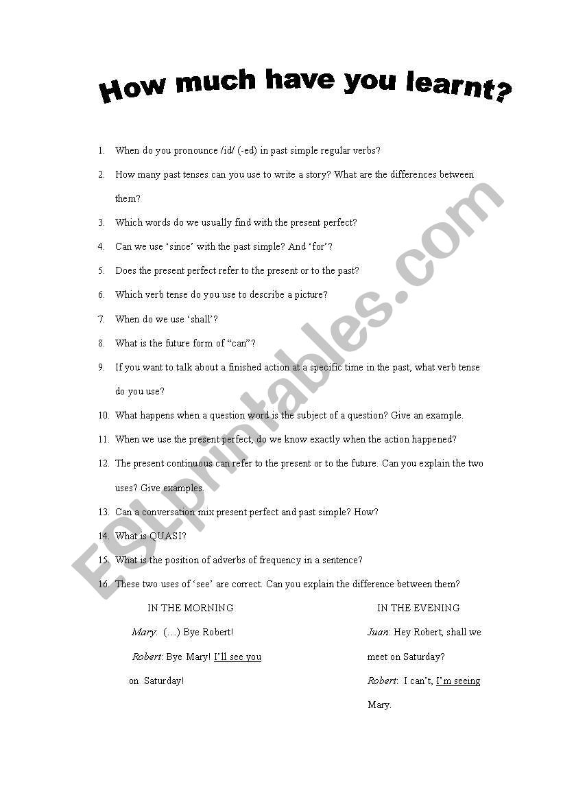 How much have you learnt? worksheet