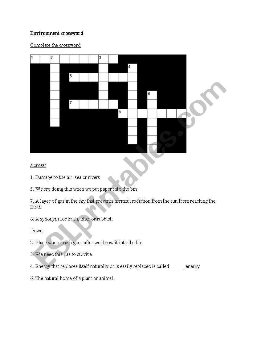 Environment crossword worksheet