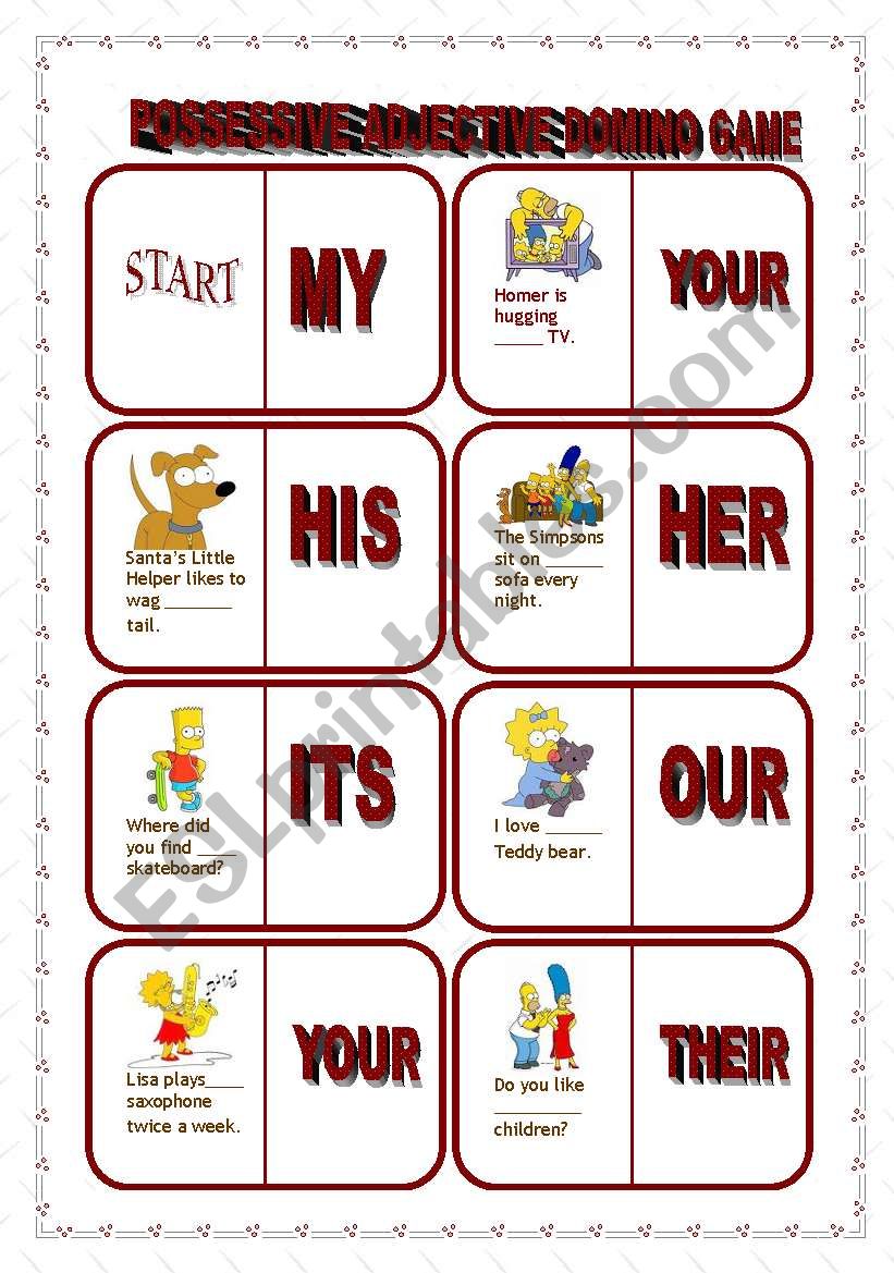 POSSESSIVE ADJECTIVE DOMINO GAME EDITABLE 5 PAGES ESL Worksheet By LadyGarfield