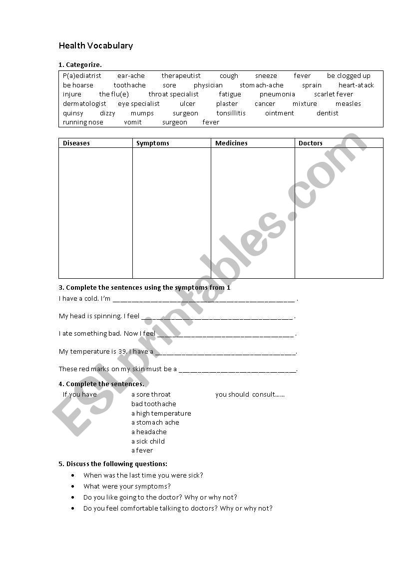 Health Vocabulary worksheet