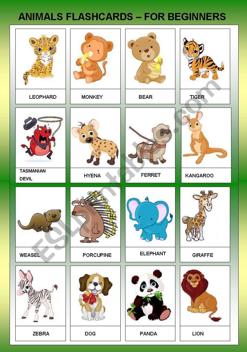 ANIMALS FLASHCARDS FOR BEGINNER - TWO PAGES - ESL worksheet by Ell@
