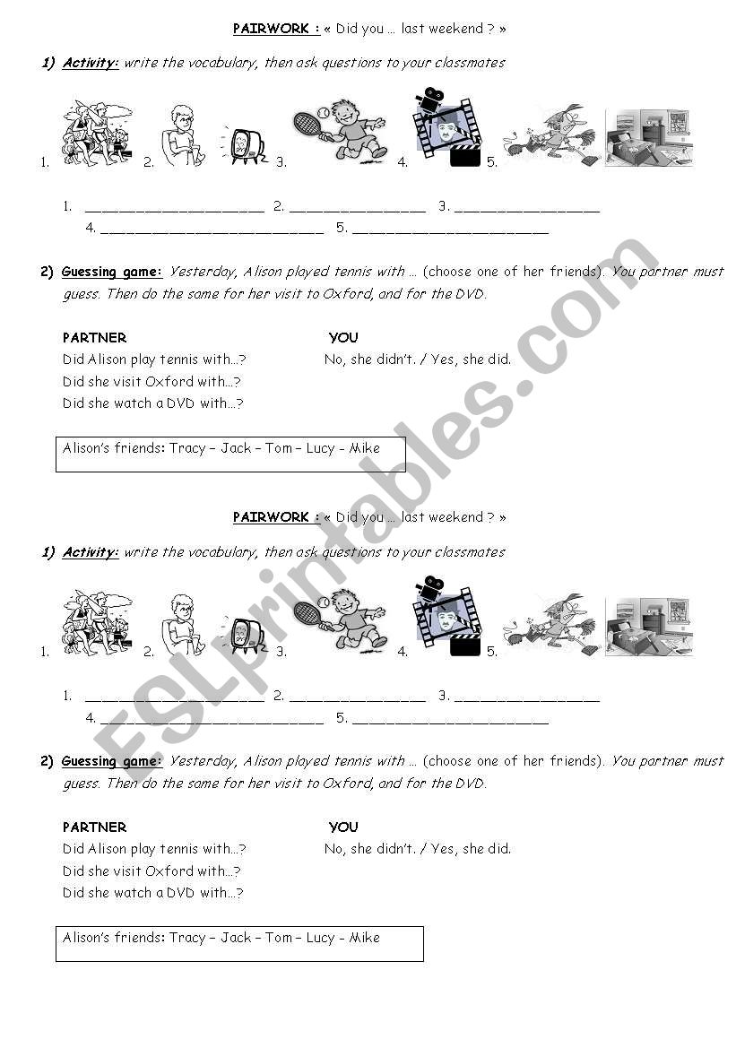 PAIRWORK: introduce simple past - short answers did/didn´t - ESL ...