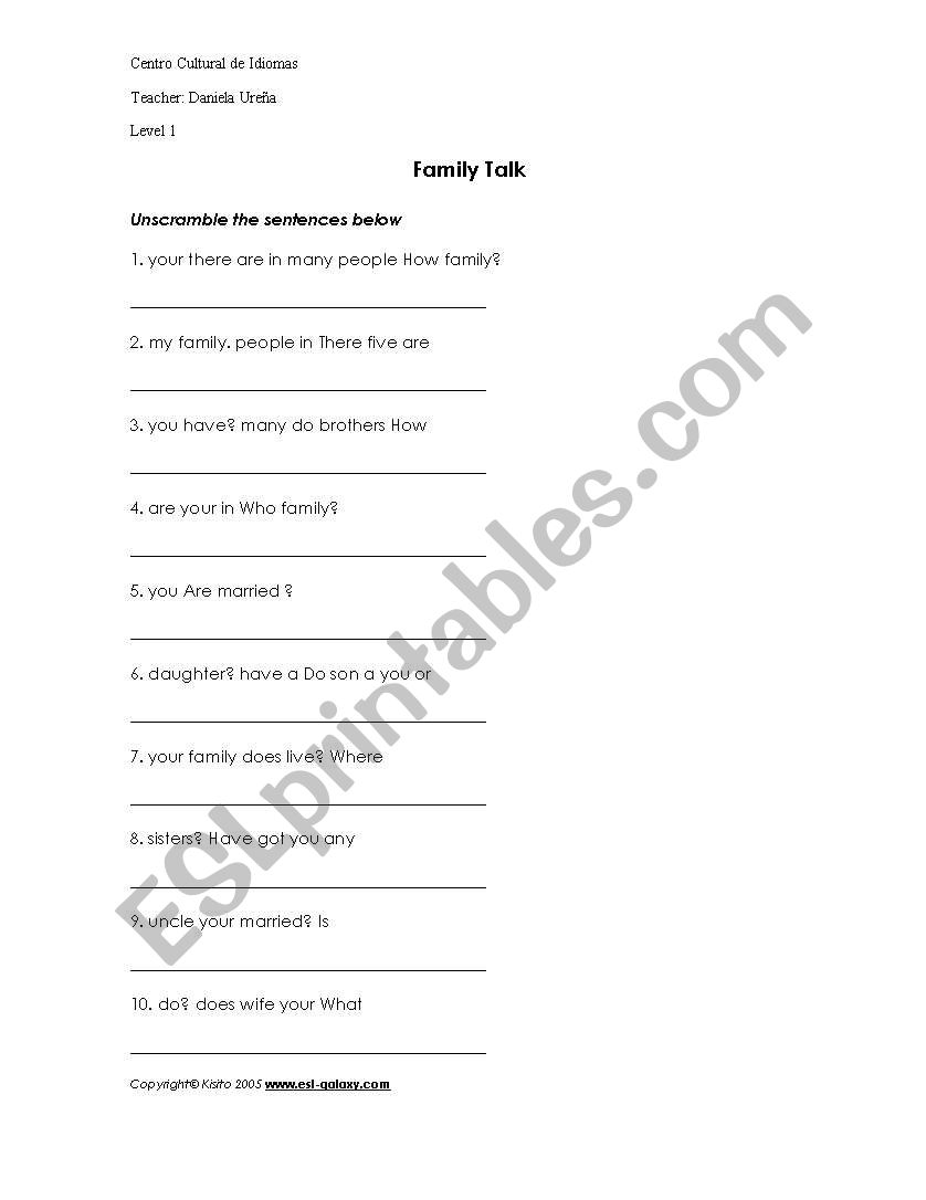 Family Activity worksheet