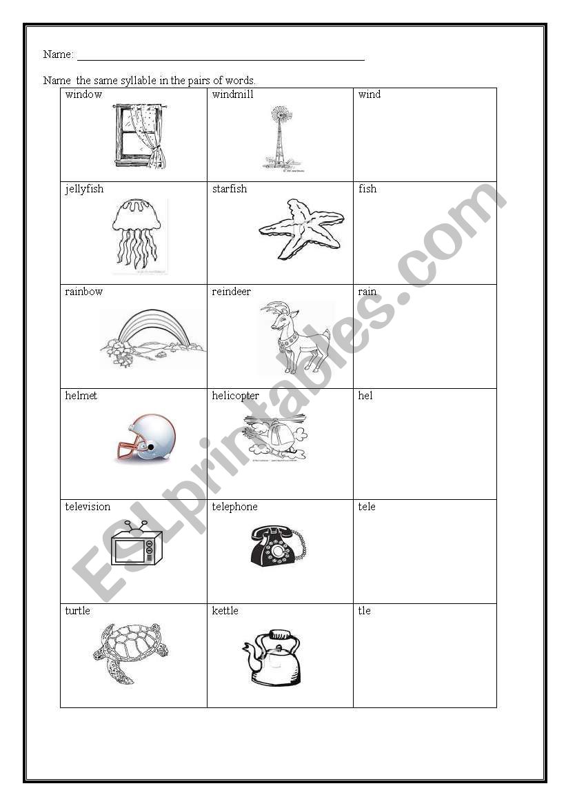 same syllable  worksheet