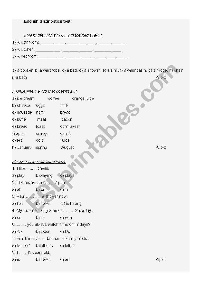 Elementary diagnostic test worksheet