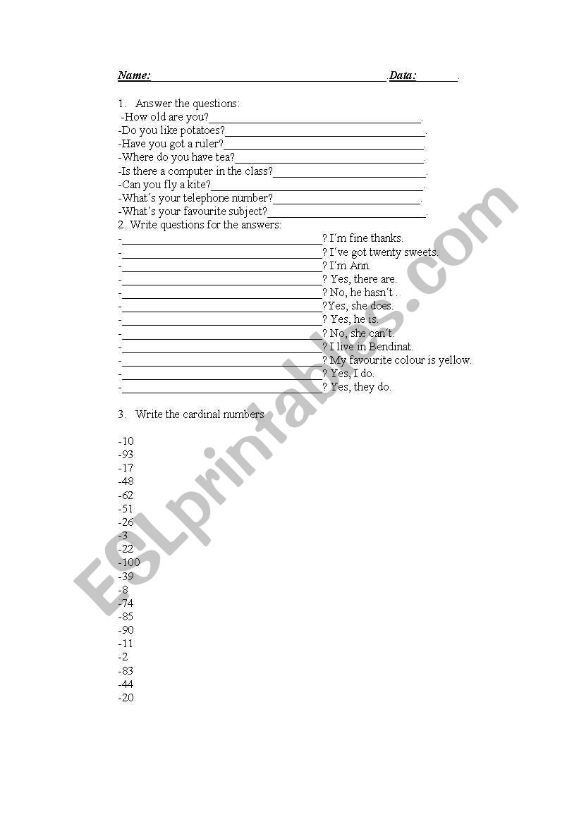 questions and ordinal numbers worksheet