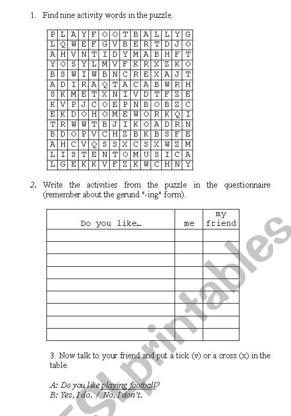 English Worksheets Present Simple Questions Pairwork Activity With Action Verbs Wordsearch