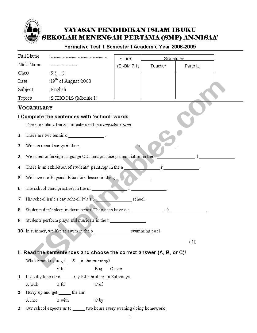 English Test worksheet