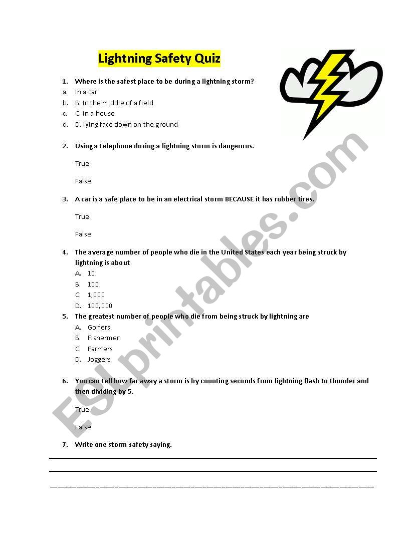 Lightening Safety Quiz worksheet