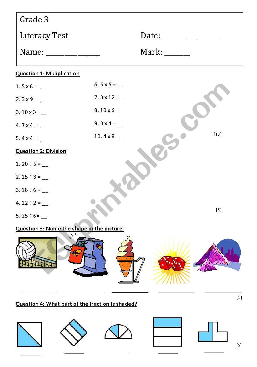 english worksheets grade 3 maths test