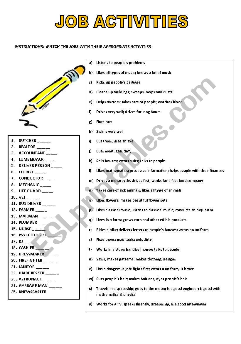 job activities worksheet