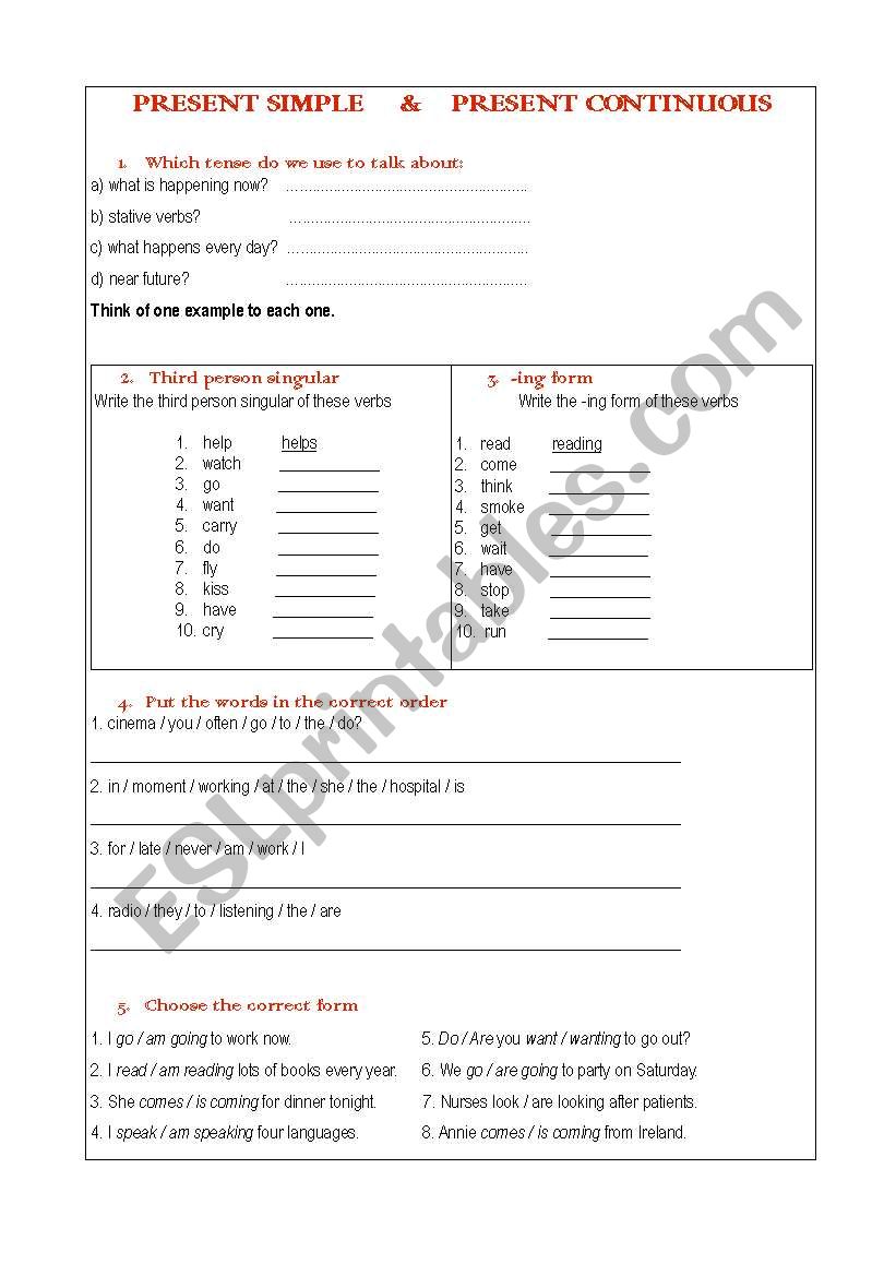 Present Simple and Continuous worksheet