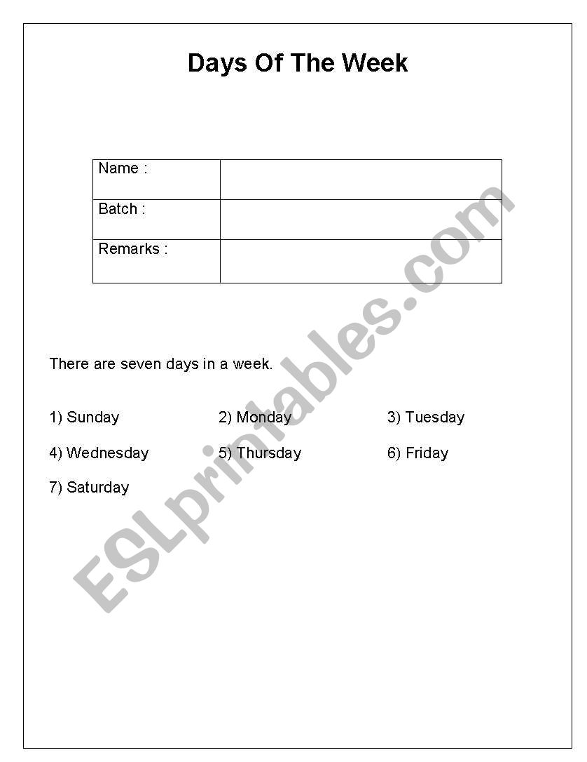 Days of the week worksheet