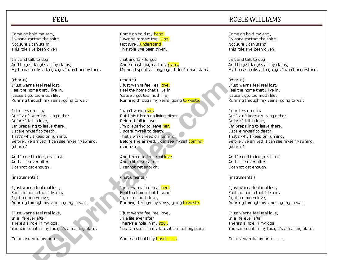 Song  Feel by Robbie Williams worksheet