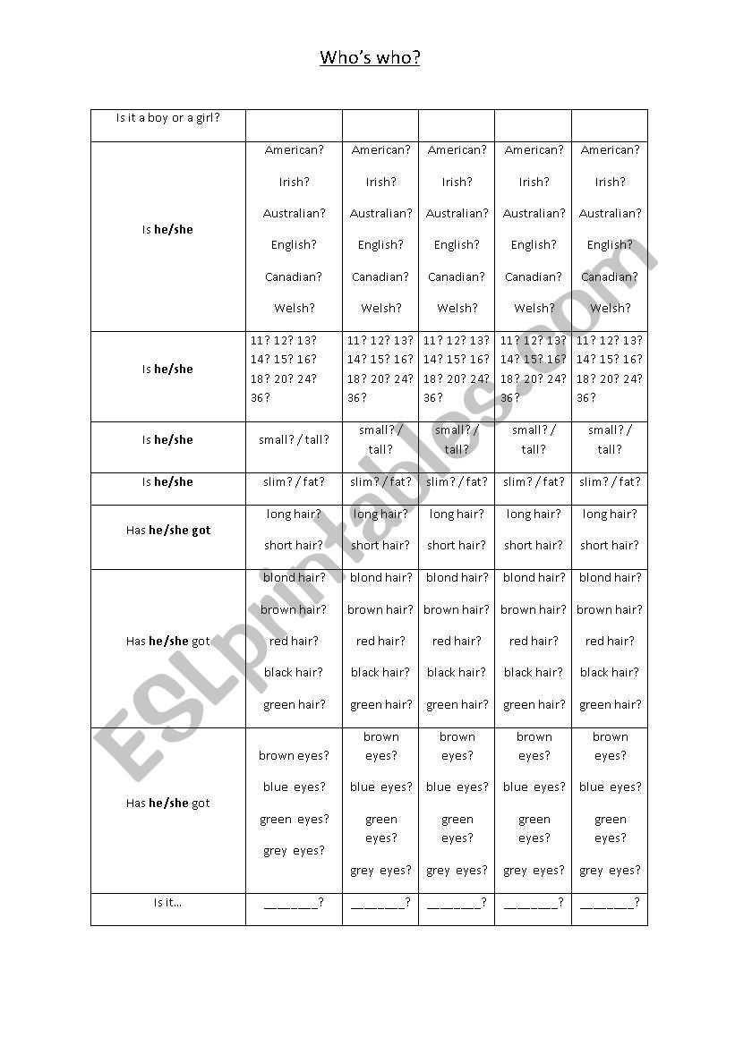 Guess who pairwork sheet (questions)