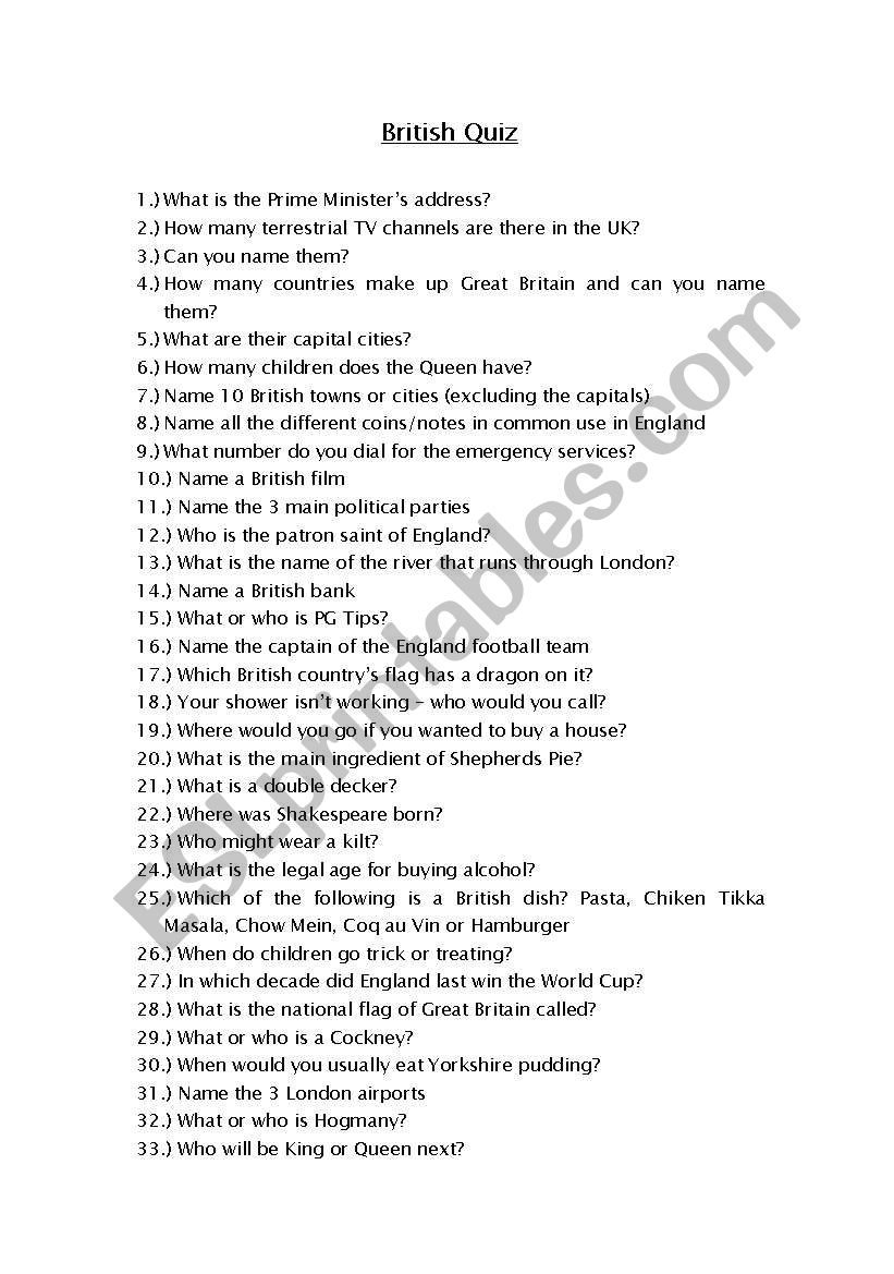 british quiz worksheet