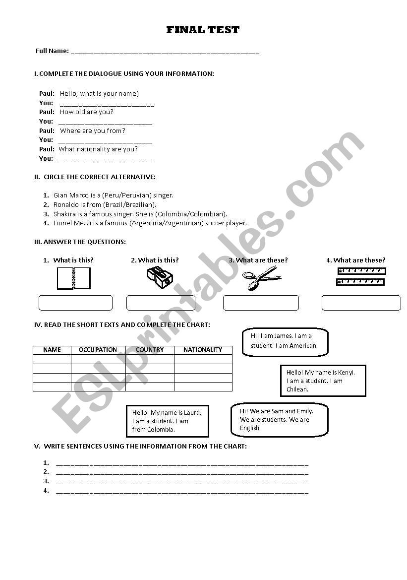 TEST  worksheet