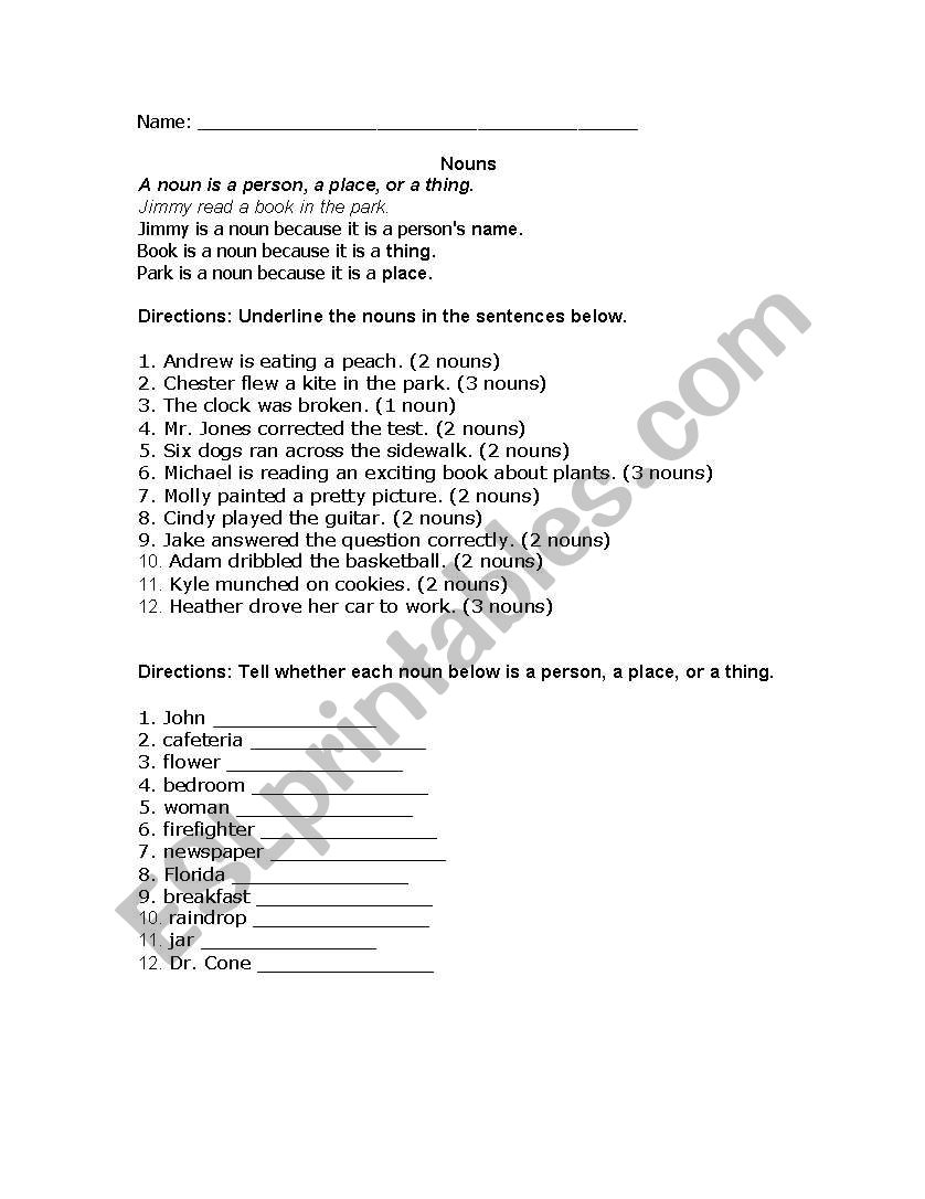 exercise on nouns worksheet