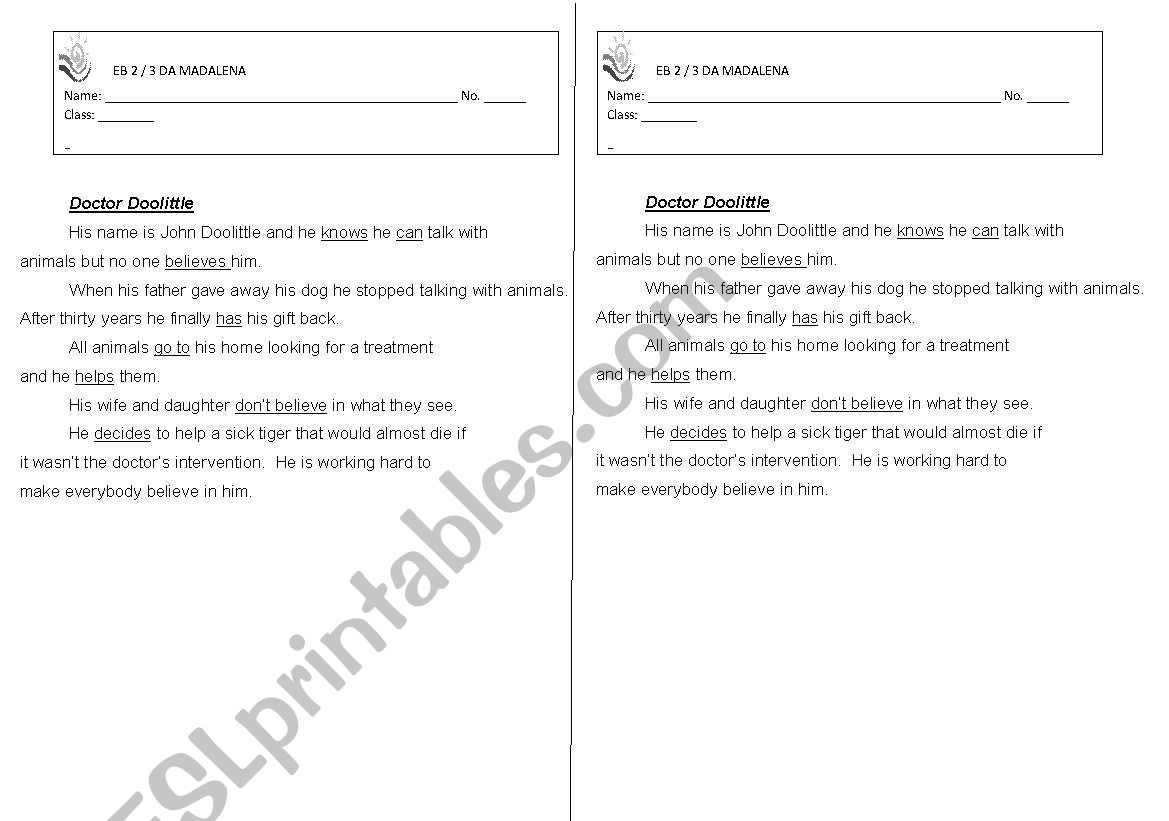 Dr dolittle worksheet