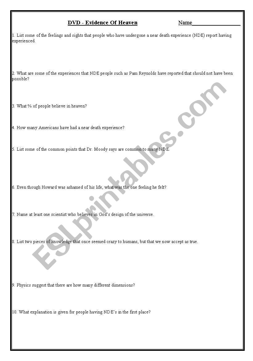 DVD Evidence Of Heaven worksheet