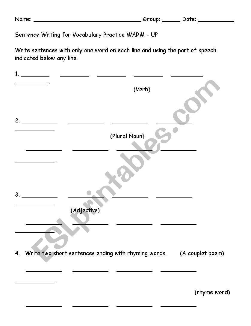 Vocabulary Grammar Warm Ups worksheet