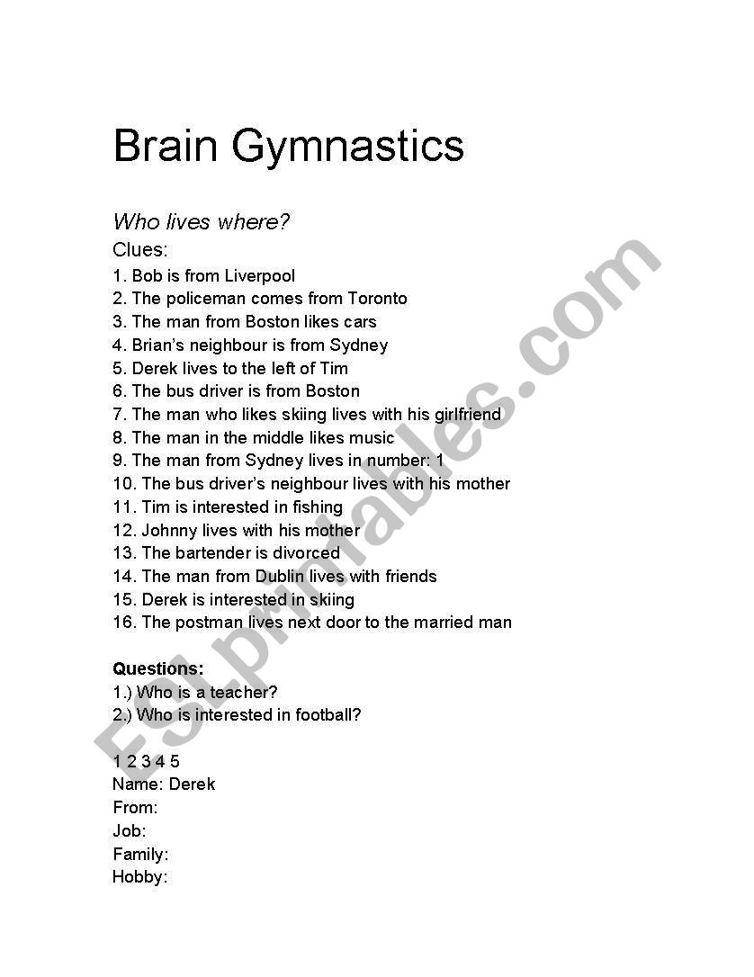 brain gymnastic worksheet