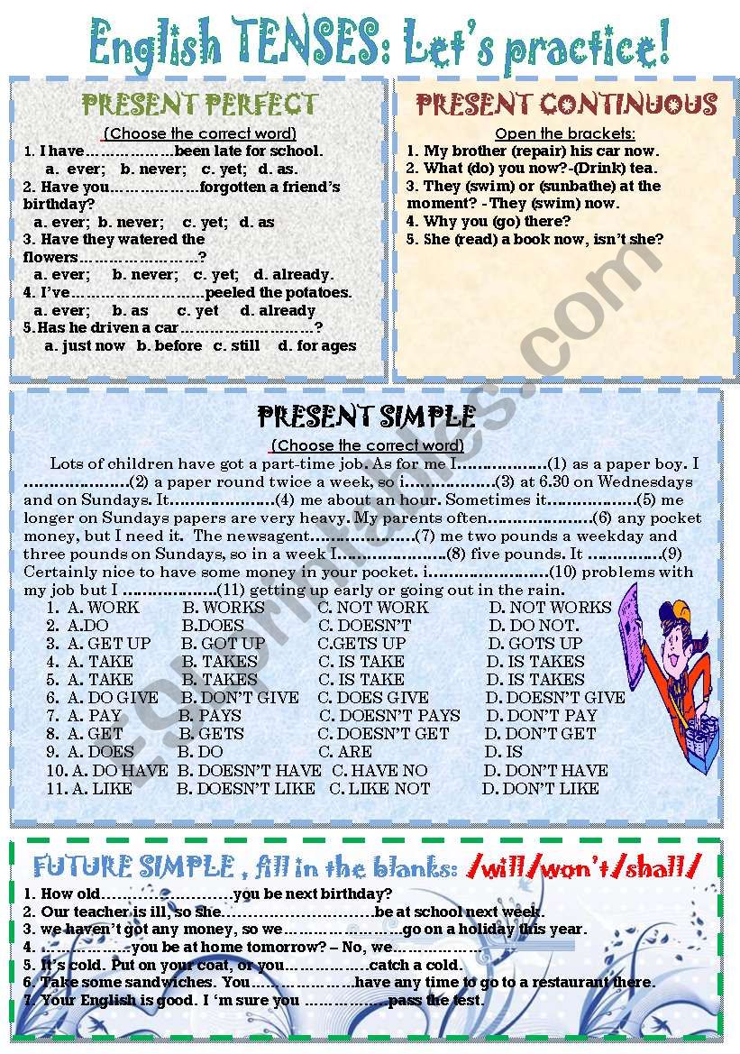 TENSES PRACTICE, 4 TENSES. worksheet