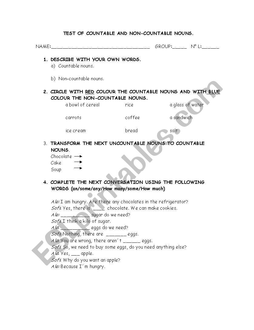 TEST OF COUNTABLE AND UNCOUNTABLE NOUNS