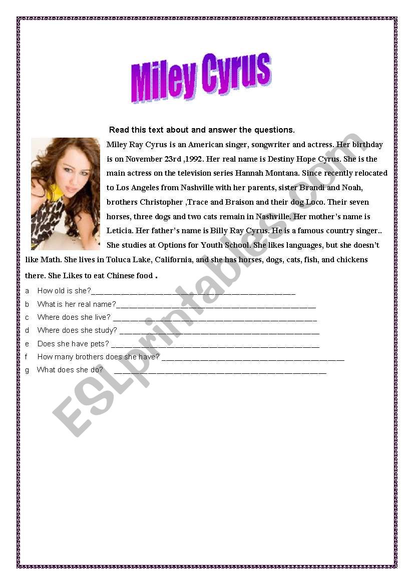 Miley Cyrus worksheet
