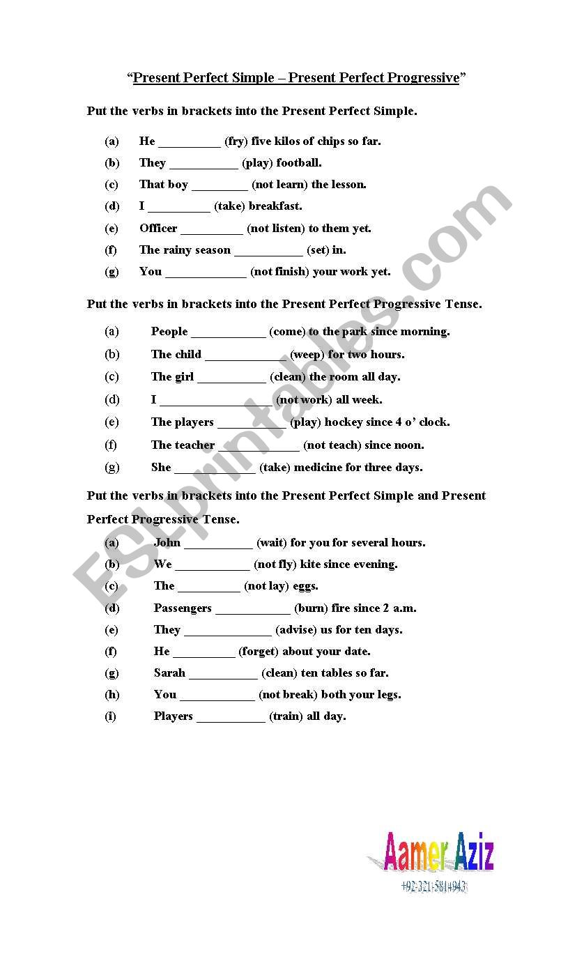 Present Perfect Present Perfect Progressive ESL Worksheet By Aamer