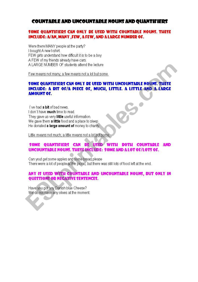 Countable and uncountable nouns and quantifiers