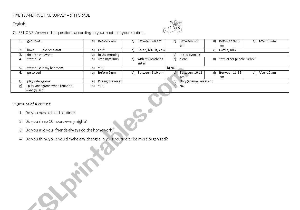 HABITS AND ROUTINE SURFEY worksheet