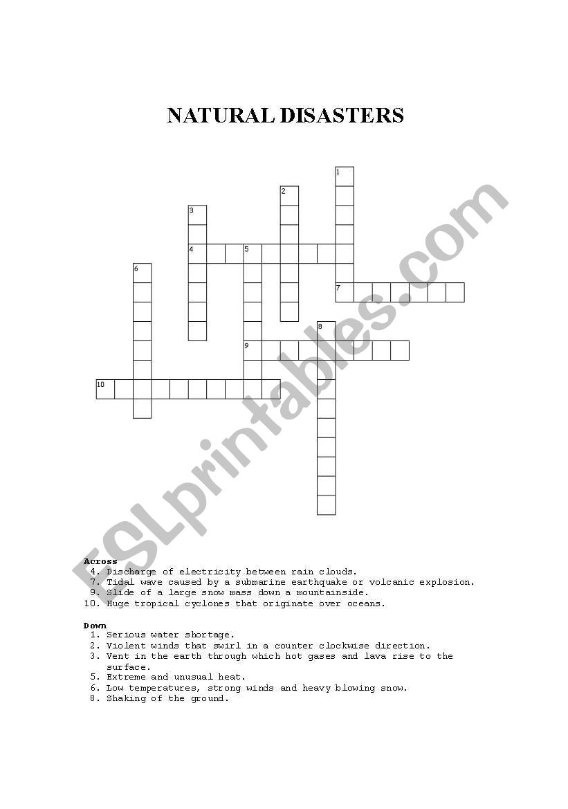 Natural disasters crossword puzzle ESL worksheet by Latina69