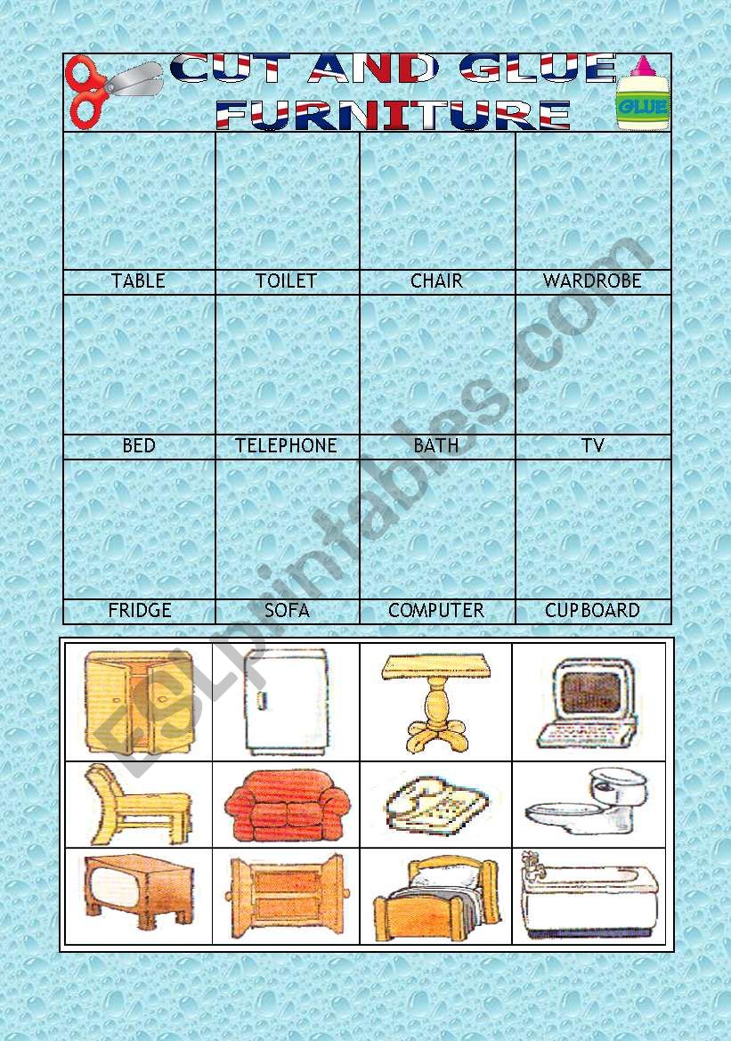 English worksheets: CUT AND GLUE – FURNITURE FOR BEGINNERS