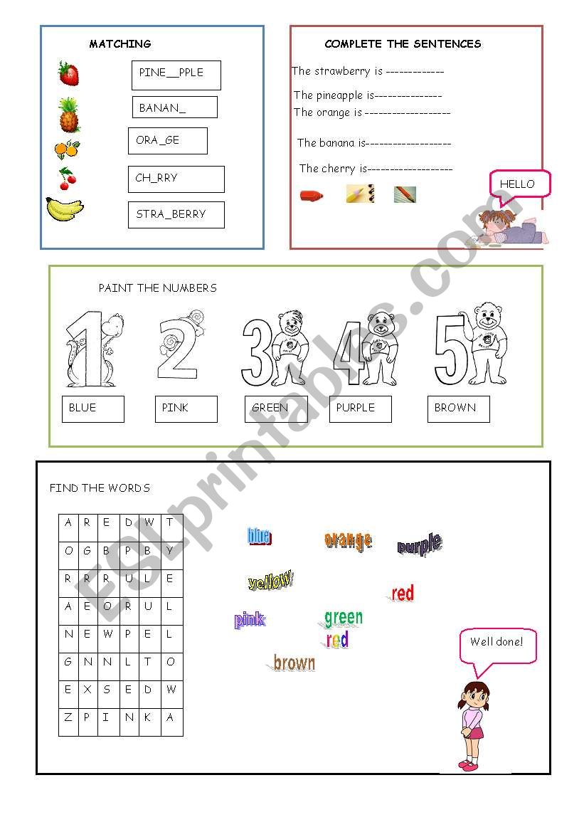 Fruits, Colors and numbers worksheet