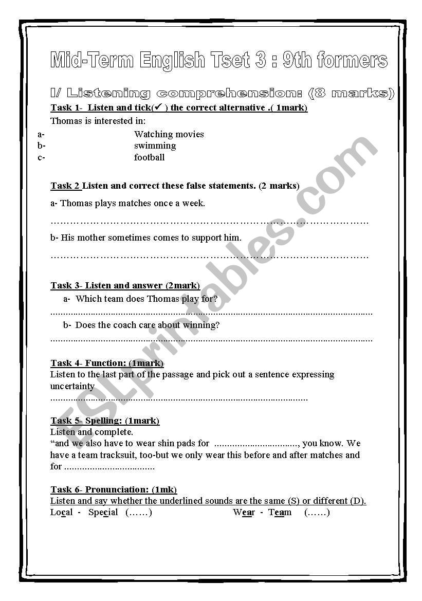 MidTerm English Test 3  (9th formers)