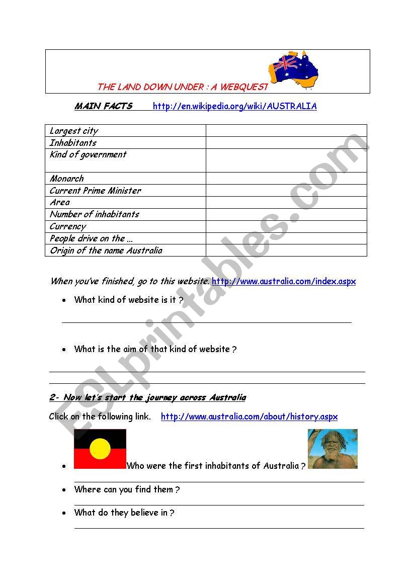 AUSTRALIA A WEBQUEST PART ONE worksheet