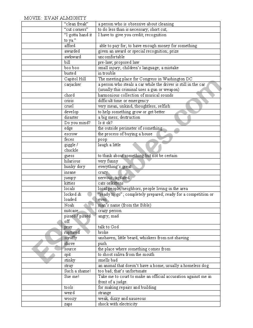 ´evan Almighty´ Movie Vocab And Slang - Esl Worksheet By Alisackuhns