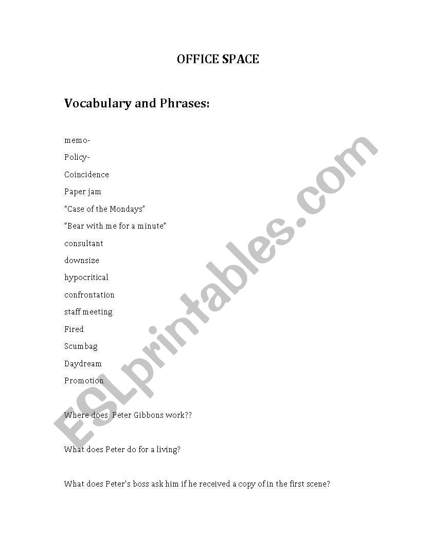 OFFICE SPACE Worksheet worksheet