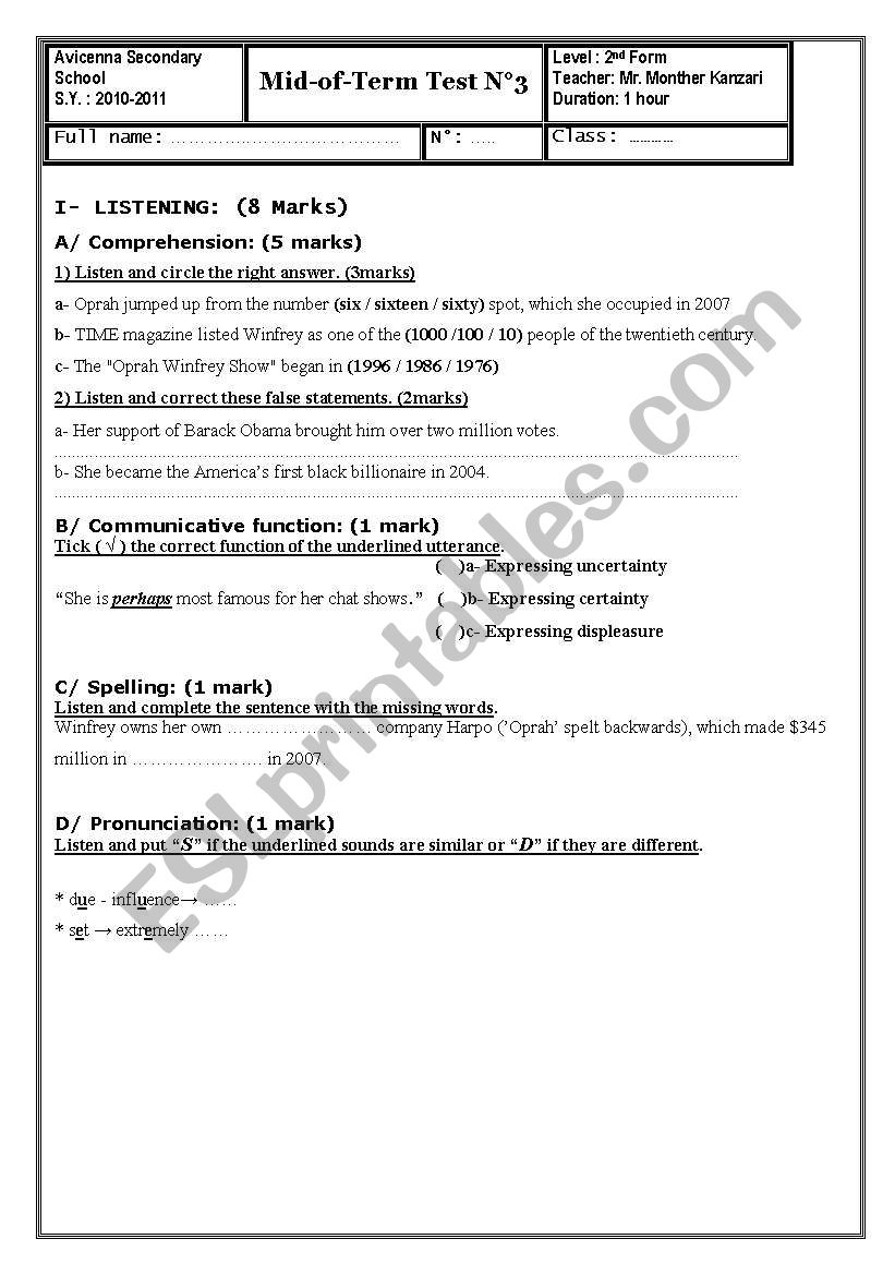 Mid of Term Test N°3 (2nd form secondary Tunisa) - ESL worksheet by dadofm