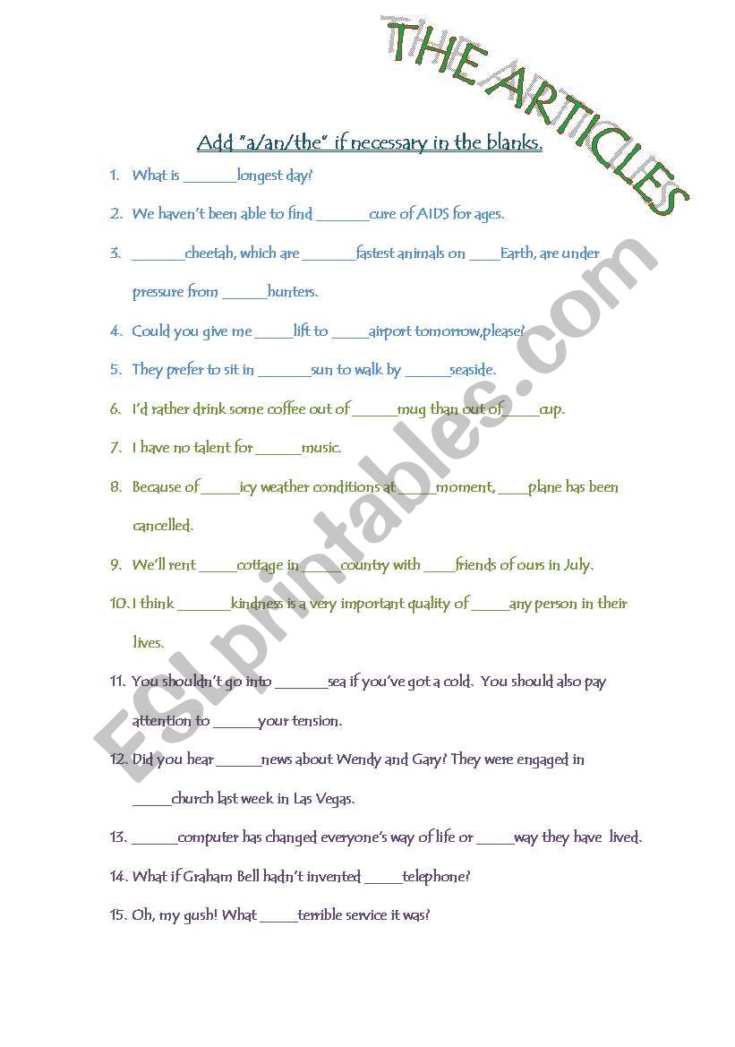 articles worksheet