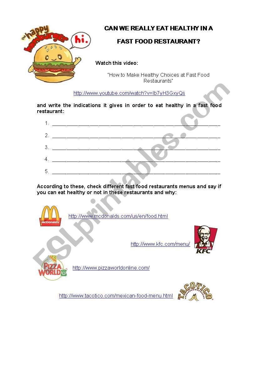 English worksheets: can we really eat healthy food in a fast food ...