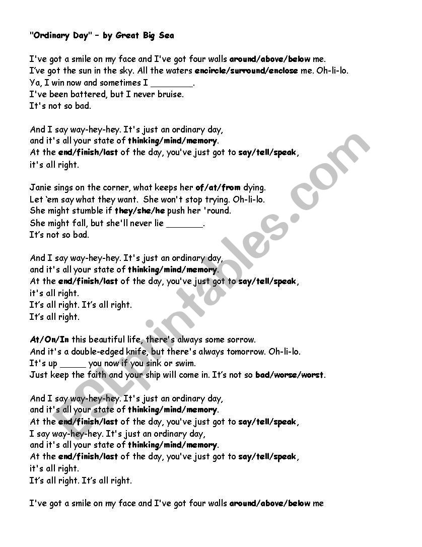 English worksheets: Ordinary Day by Great Big Sea